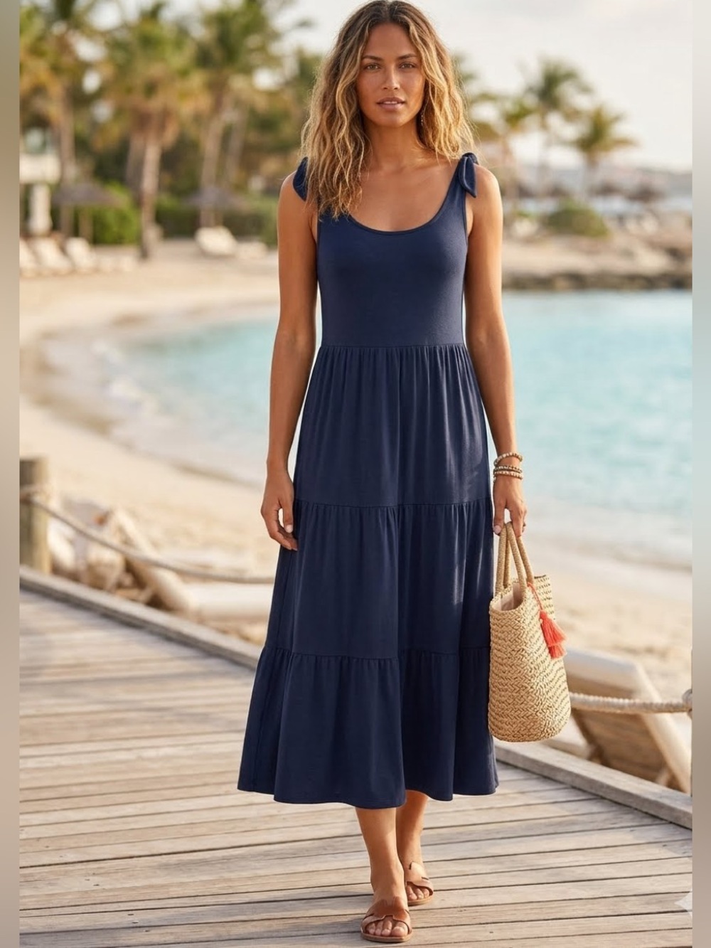 Green Envelope Blue Tiered Midi Dress Cover Up SZ M Beach Vacation Boho Resort